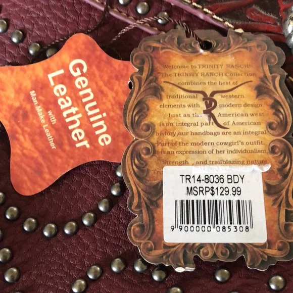 NWT Trinity Ranch Wedtern Tooled Studded Turquoise Shoulder Bag Merlot - Picture 16 of 16